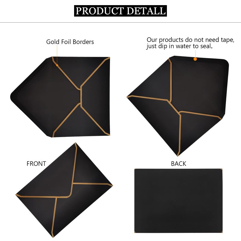 LYHLYA 50 PCS Invitation Envelopes A7 Size, Black Envelopes 5 x 7 Inch V-Flap Mailing Card Envelopes Quick Seal Envelopes with Gold Border for 5x7 Cards, Birthday, Weddings, Graduations, Greeting Cards - Image 4